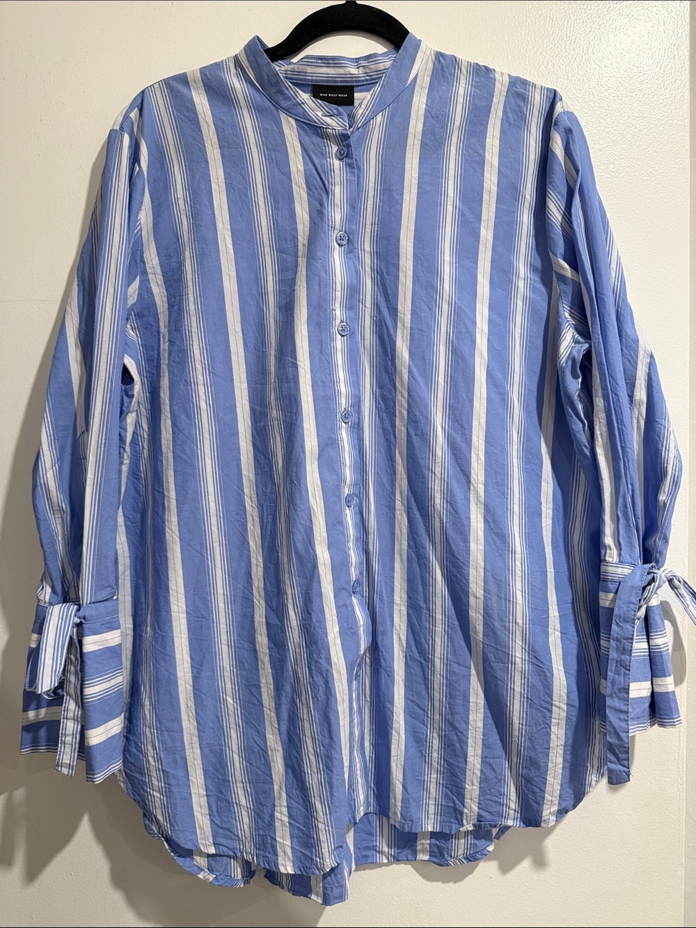 Who What Wear Striped Band Collar Button Down Blouse Size L Blue White